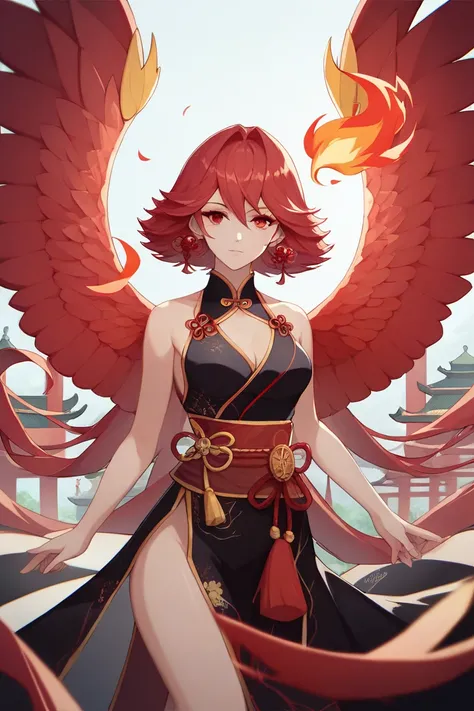 score_9,score_8_up,score_7_up, cartoon font, a vermilion phoenix, elegant red hair, medium breasts, beautiful crimson eyes, beautiful red wings, ((Buddhist monk clothes, fire aura, thousand-cuanca saurian,)), in a Buddhist temple, alone,