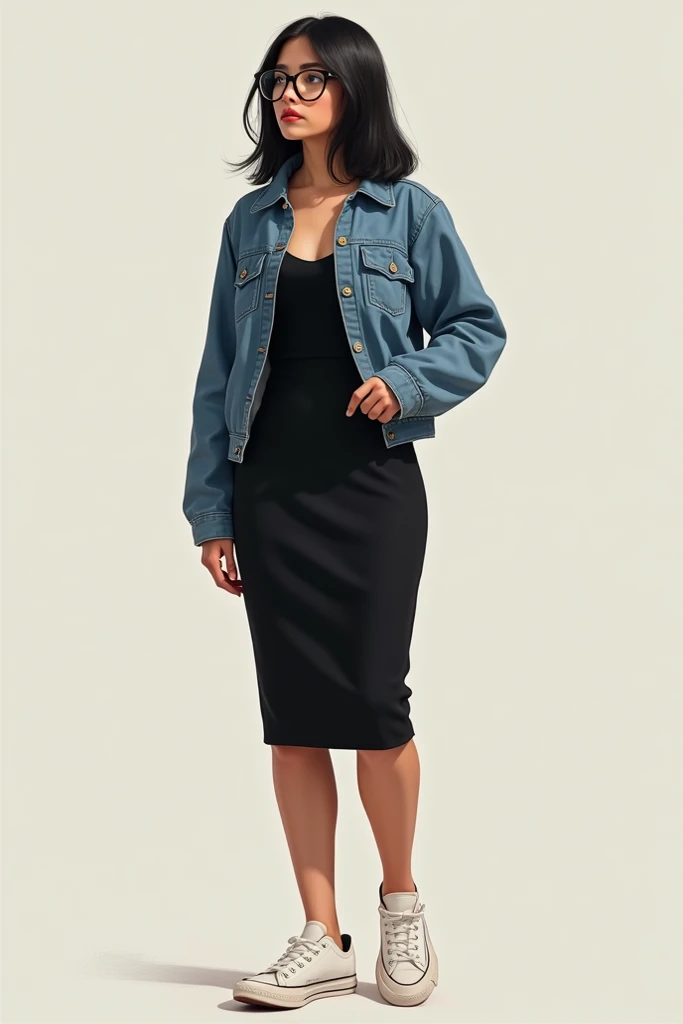  Indications
Copy instructions
Thin woman,  slightly round face ,  body shaped with curves ,  with straight black hair ,  with dress close to the body,  below the knee color black ,  blue denim jacket and white sneakers , white skin, with glasses 