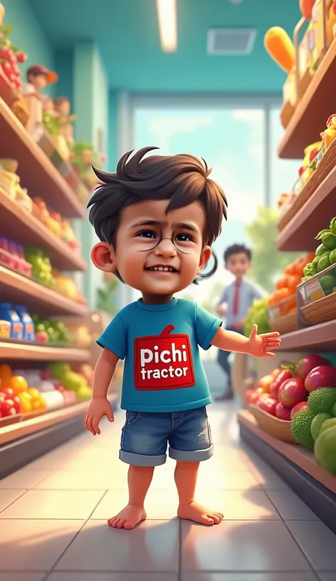 A lively  boy strolls confidently into a bustling supermarket, wearing a playful blue-and-red T-shirt with the bold label "Pichi Tractor" printed across the front. His simple blue-and-white shorts and bare feet give him an endearing, carefree vibe. The boy...