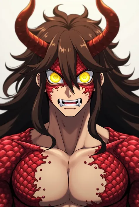 Screenshot Boku no hero academia man long brown hair bright yellow eyes with horns white skin red scales on the cheeks and some on the face with fangs large and aesthetic athletic build