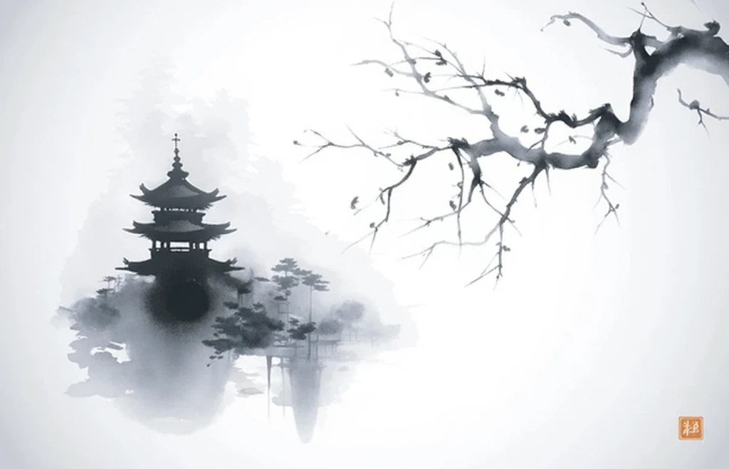 Create a scene in the style of a Chinese ink painting. The scene should depict some trees and bamboo along some of the bottom and near the sides, some mountains coming out of the sea, and a few clouds in the sky. In keeping with the Chinese ink painting st...