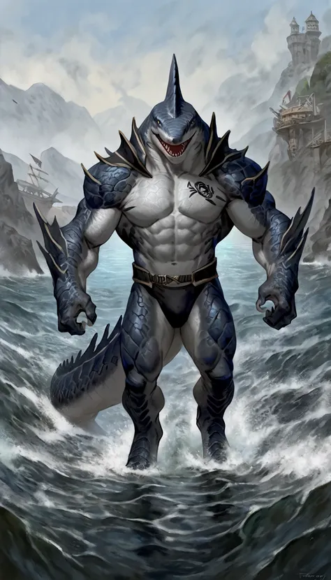 sharkman, gray belly, black and blue hands and fins, black back, solo, big arms, koholasaurus from genshin impact, bara, detailed smooth skin on abs, lizard shark hybrid, anthro, closed mouth, detailed scales, muscular, scales on arms and legs, proporciona...