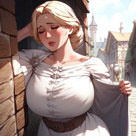 anime style image, MEDIEVAL SCENE, Close to a village,  A blonde woman , 50 years, milf, Not too tall of a .60M, beautiful,  with a huge pair of breasts ,  she is wearing a long white dress with blue details,  a black legging blouse ,  with long black legg...