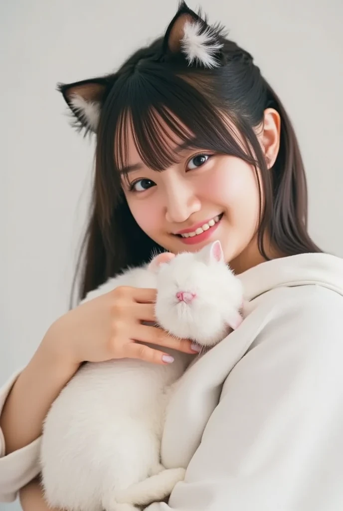 masterpiece, 4K, Bokeh, (Cute:1.5), ( beautiful girl:1.3), ( Japanese idol :1.6), (Cat ears:1.3) , ( white hoodie:1.3),  (I love cats:1.6),  blushed,  cowboy shot , (Holding a cute sleeping white cat :1.5), ( closes the eye:1.3), ( white background  :1.4),...