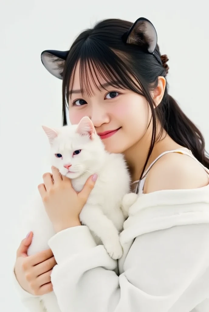 masterpiece, 4K, Bokeh, (Cute:1.5), ( beautiful girl:1.3), ( Japanese idol :1.6), (Cat ears:1.3) , ( white hoodie:1.3),  (I love cats:1.6),  blushed,  cowboy shot , (Holding a cute sleeping white cat :1.5), ( closes the eye:1.3), ( white background  :1.4),...