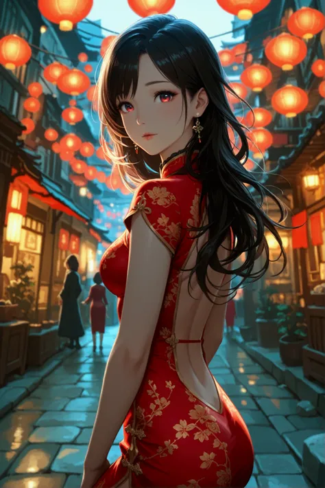 long-shot, low-angle view of a beautiful Asian girl, curvaceous, squatting, slightly open legs. on old street, at night. wearing a red mini cheongsam, open on both sides. cinematic light.