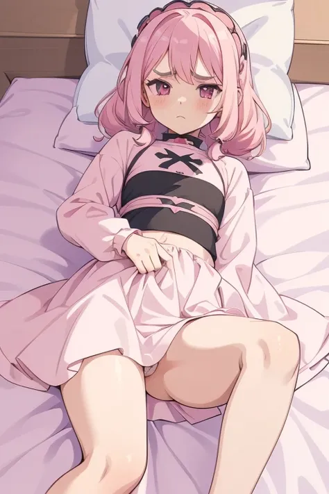 Girls with pink hair, long double-tailed hairstyle, ((small pink bushy eyebrows)), dressed in lolita clothes, marked vagina, lolicon (Zankuro) drawing style by zankuro artist, Zancro style, image uploaded to R34, changing of clothes in a room, looking away...