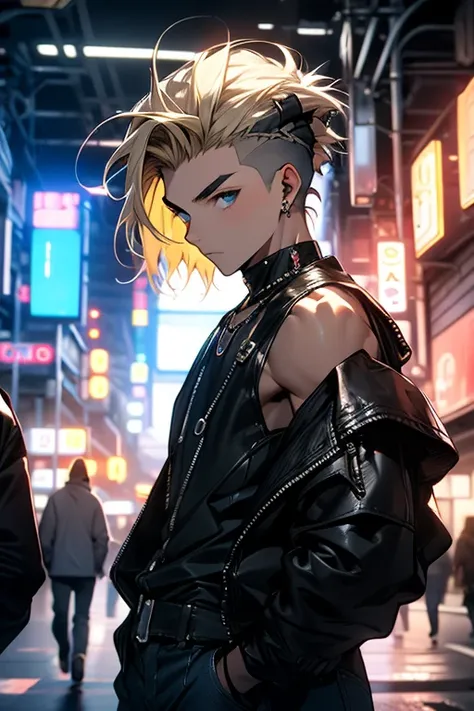 1boy,cyberpunk,Solo,Shota,blonde hair blue eyes badass leather golden Jacket with a logo of white wolf on the back, large black tank-top,black jeans,half black gloves,Thick Hair with Undercut with short ponytail,blonde eyebrows,Shota male,young , retro, ne...