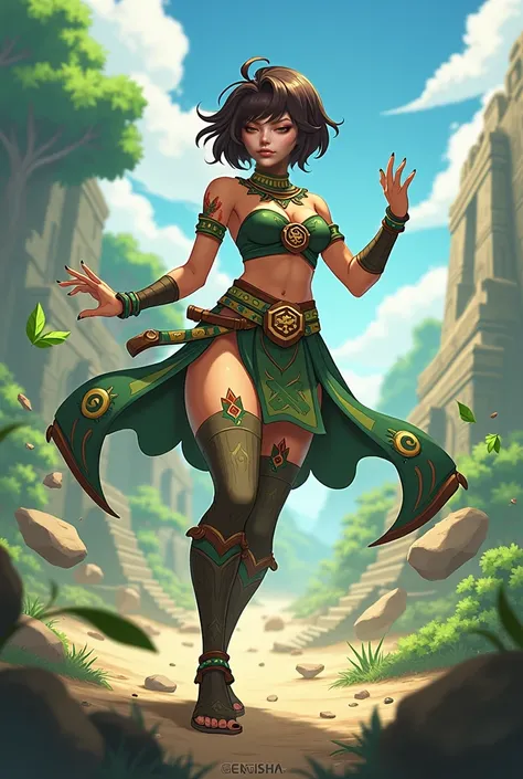 genshin impact,   female character , Genshin Impact styled, aztec, earth element .
Genshin Impact animation.  Inspired by Toph Beifong ,  brown skin and short dark brown hair, vestimenta de Toph Beifong pero con diseños aztecas 