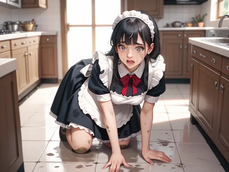 beautiful japanese girl in maids dress cleaning dirty kitchen; big cat eyes with tears; long black hair with hairband; desperate face; detailed dirty kitchen in background; dirty floor; masterpiece