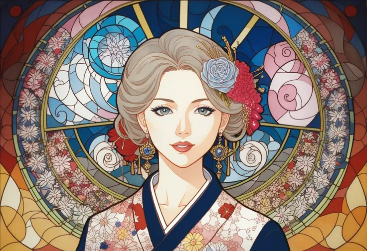 a close up of a  stained glass window with a woman in a kimono,  stained glass art,  oriental art nouveau , Japanese Art Style ,  stained glass, skilled geisha of the japanese,  beautiful glasswork , japanese geisha,  stained glass,  stained glass style, b...