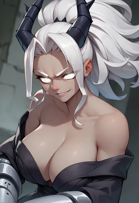 score_9, score_8_up, score_7_up, source_anime, solo, 1girl, htjudgement, gray skin, smile, white glowing eyes, white hair, ponytail, black horns, demon horns, black off-shoulder dress, big breasts
