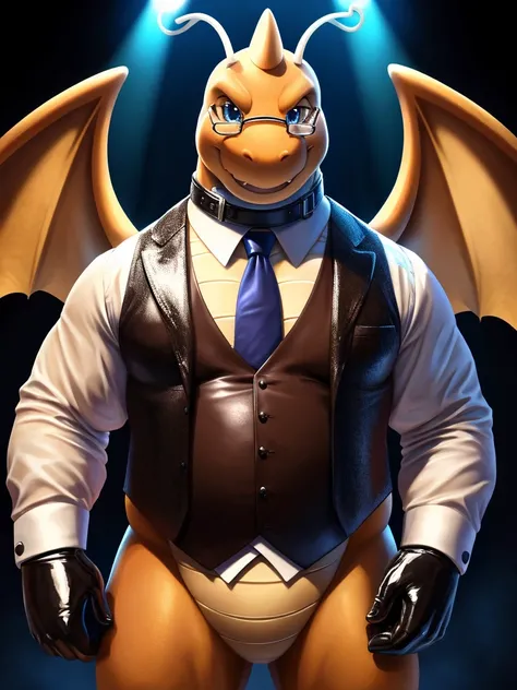 Solo, close up, Male, fat, extremely obese, gentleman, dapper Magician Dragonite, blue eyes, wearing a top hat, wearing a glossy leather collar, wearing the leather collar and necktie at the same time, (posing:1.3), (soft shading), 4k, hi res, ((detailed f...