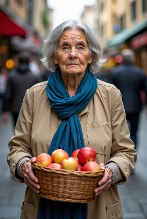  The picture is a portrait of an elderly woman walking in the street . She wears a beige blouse and a blue scarf around her neck .  holding a basket of apples in her hand and looking directly at the camera with a serious expression on her face.  The backgr...