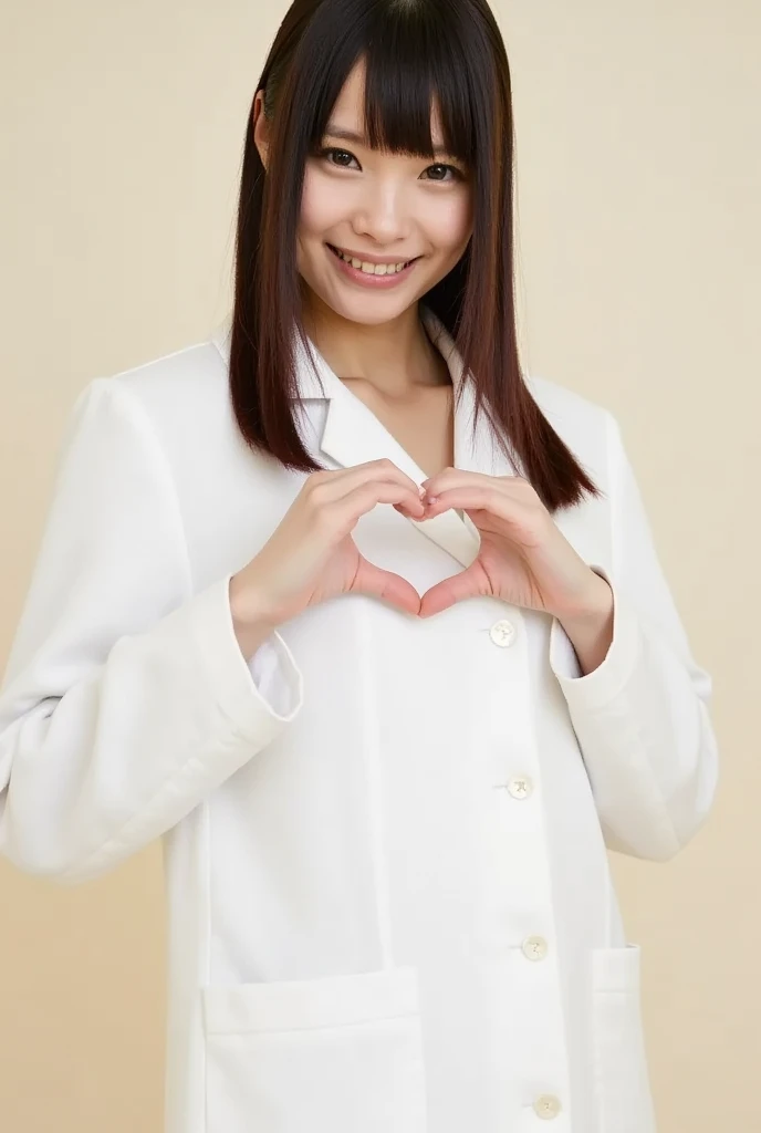 A cute pajama-wearing pose showing only the shoulders. Only one smiling woman.,  in front of your chest and make a big heart shape with both hands,  Wearing、Physical-based rendering of , Looking above my collarbone 、 The background is a monotone   、f_m02gi...