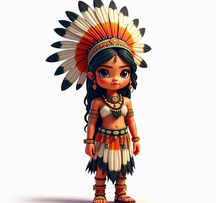  A figurine of a beautiful indigenous woman, pele morena,  looking in front of the camera , Shes standing all over her body wearing indigenous clothes, wearing a beautiful feather headdress, in a vibrant look ,  drawn style image ,  background of the trans...