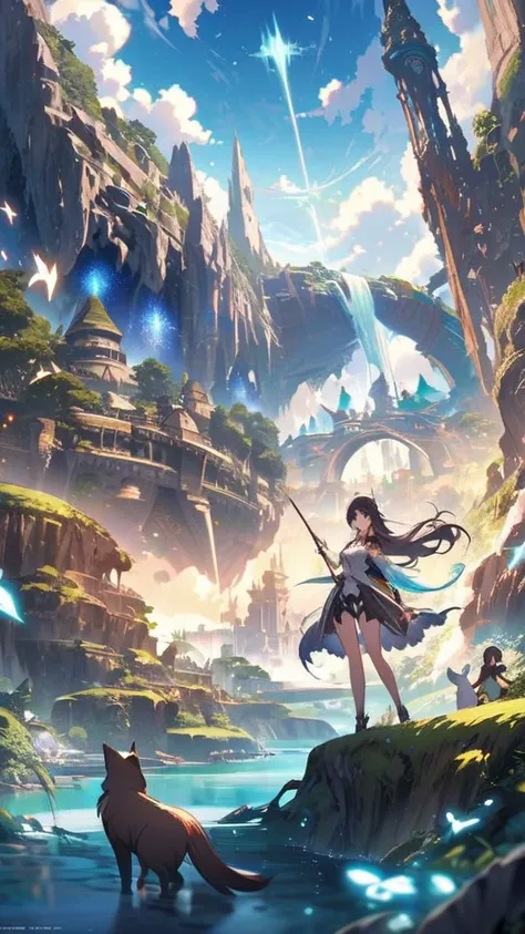   delicate depiction 、Delicate Shadows、Fantasy World、Fantasy buildings、Island in the Sky 、 very beautiful woman、Healing Magic、Fantasy Animals、The world is connected to space