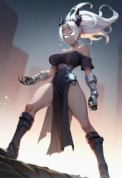 score_9, score_8_up, score_7_up, source_anime, solo, 1girl, htjudgement, gray skin, grinning, white glowing eyes, white hair, ponytail, black horns, demon horns, big breasts, black off-shoulder dress, black pelvic curtain, knee-high boots, standing up
