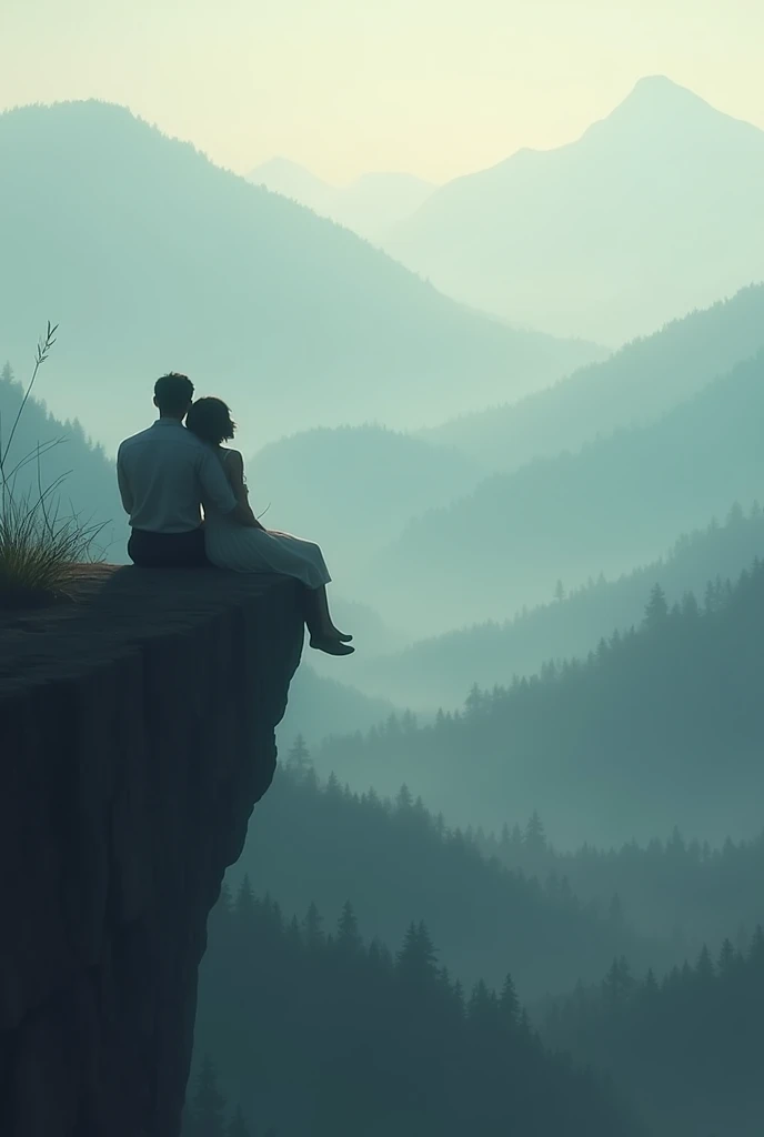 A couple with their backs to the camera , the girl lying on the boys shoulder ,  the two of us watching the view of a misty landscape from a cliff