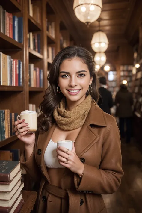 Glamorous full body portrait, Nikon D850, F1.6 lenses, 200mm,  digital SLR camera , 22 megapixels, ((( Picture in a vintage-style bookstore or cafe ,  with a brown coat and matching brown scarf,  flipping through a book and a hot drink next to , with a war...