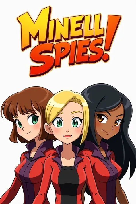 creer 3 totally spies une chatain cheveux aux epaules meches rideau yeux verts, une blonde chevdux carré courts lisse et droit avec yeux marrons, une metisse cheveux tres longs noirs lisses et fins avec yeux marrons foncés avec un gros logo qui dit «  Mine...