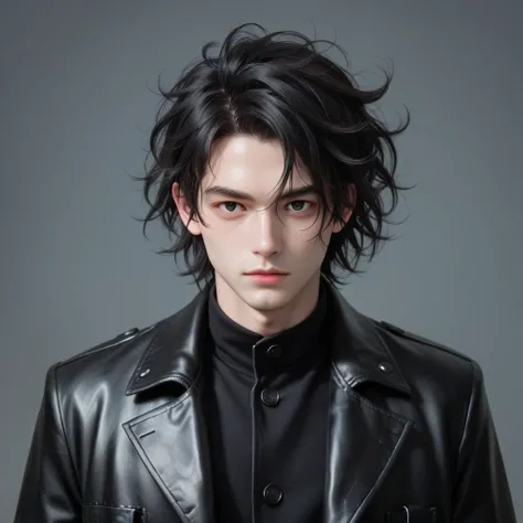 1boy, Black hair, Black coat, ultrarealistic,Black eyes, Black hair messy hair, medium hair, messy hair,Black trench coat, leather coat, demoniac boy,Black sclera, pale skin, Darknees background, night 