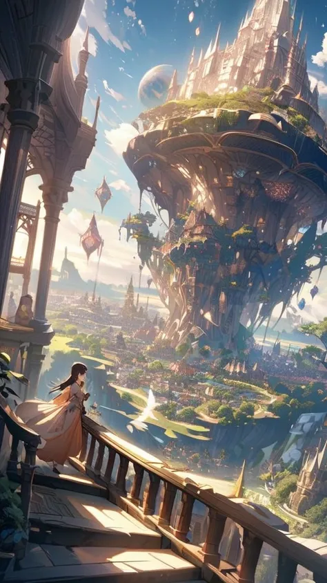   delicate depiction 、Delicate Shadows、空の星が全て大きく見える、Fantasy World、Fantasy buildings、Island in the Sky 、 very beautiful woman、Healing Magic、Fantasy Animals、The world is connected to space