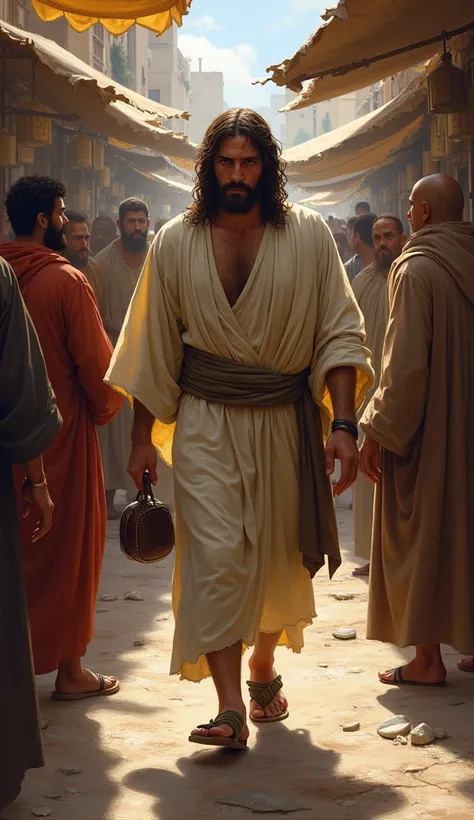  "Judas walking through a crowded market, clutching the coin pouch, while people glance at him with suspicion."


