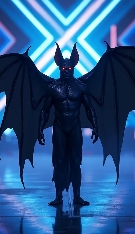 Rafael transforms into a humanoid bat, with black membranous wings and glowing red eyes. He stands on the illuminated stage of the program "Americas Got Talent", standing out under the intense lights and with the iconic "X Blue" in the background. staring ...