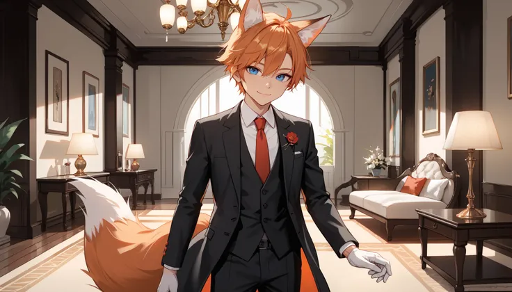 score_9_up, score_8_up, score_7_up, 1boy, solo, source_anime, Beautiful eyes, ((sfw, rating:general)), kemonomimi, , fox ears, fox tail, orange hair, short hair, blue eyes BREAK 

formal outfit, black outfit, necktie, white gloves BREAK

Closed mouth, smil...