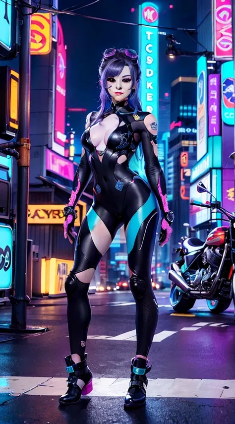 masutepiece, Best quality, Confident cyberpunk girl, Full body shot, ((Stand in front of the motorcycle)), Popular costumes inspired by Harajuku, Bold colors and patterns, Eye-catching accessories, Stylish and innovative hairstyle, Bright makeup, Cyberpunk...