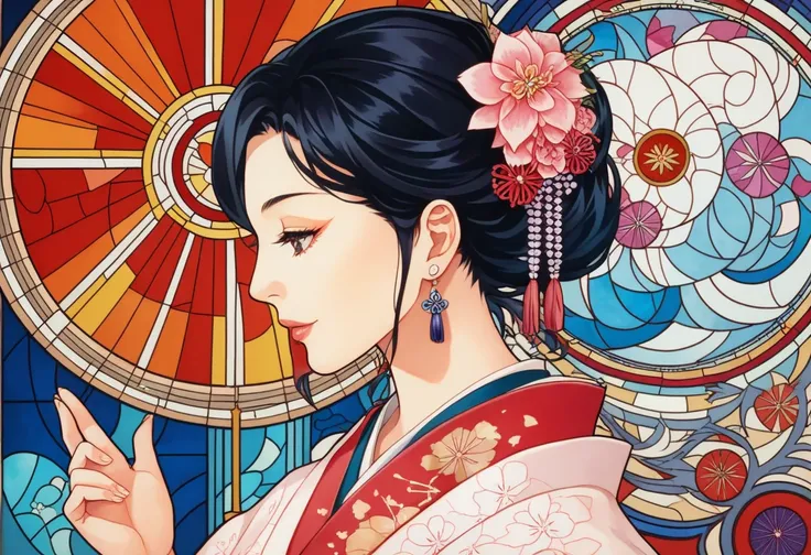 a close up of a  stained glass window with a woman in a kimono,  stained glass art,  oriental art nouveau , Japanese Art Style ,  stained glass,  Geisha of the Japanese ,  beautiful glasswork , Japanese Geisha,  stained glass,  stained glass style, BEAUTY ...