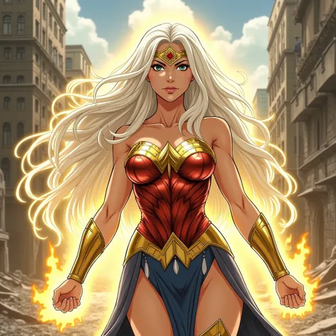 White-haired Wonder Woman with golden attire and Divine aura of power
Scenario City by day the city is destroyed 
Anime style (Make the Dragon Ball lines)