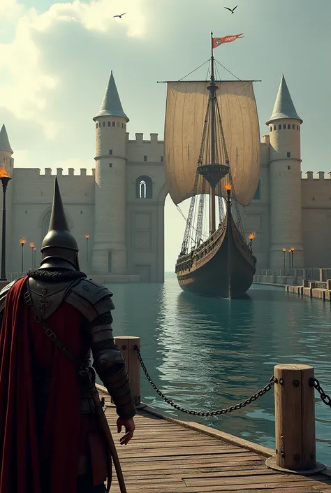 A hyper-realistic majestic medieval ship with billowing sails and intricately carved wooden hull approaches the entrance of a walled medieval city, its passageway blocked by imposing iron gates that rise out of the serene water, adorned with rusty hinges a...