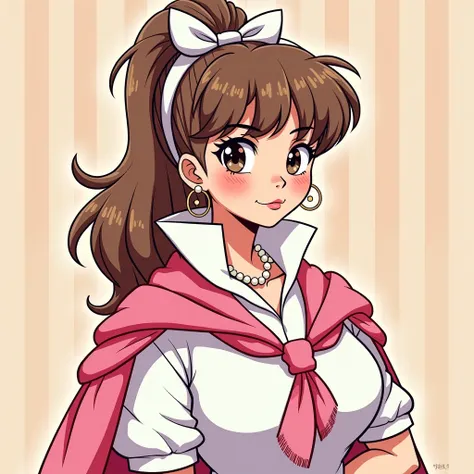 Preppy Anime cartoon girl 1980s Housewife wearing a Massive White Popped Collar Polo with a Pink sweater tied around shoulders being douche