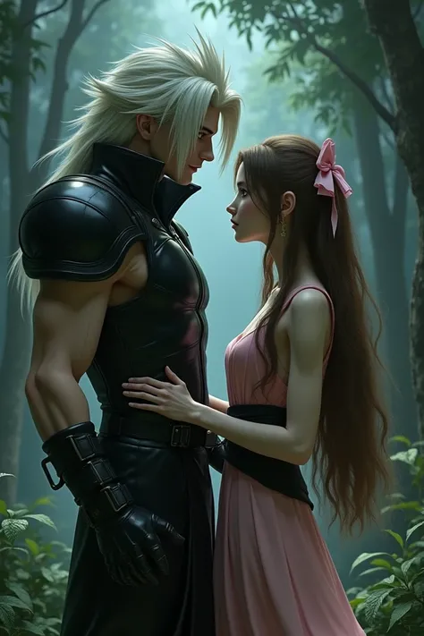 A realistic image of Aerith x Sephiroth. in a night forest .  The figure of Sephiroth is elegant, graceful yet athletic and powerful. ,  with her straight, soft, hip-length white hair and green eyes,  Sephiroth likes to dress in black leather elegantly .  ...