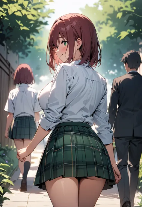 ( masterpiece , top quality:1.2),  1 girl, Alone,  Expressive Eyes ,  straight hair,  loose, short hair ,  maroon hair in the garden,  Big Breasts High School Girl,  uniform with a white shirt and a dark green plaid mini skirt with a green ribbon , smile, ...