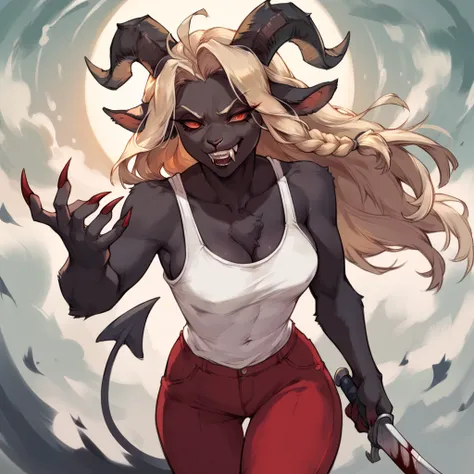 a demonic goat with four horns, female, has brown and black fur with a white belly, wearing red pants, furry chest, anthro goat, has fangs and sharp teeth, looks sadistic, has claws, has a long blonde braid down to her legs, bloody, demonic looking, evil, ...