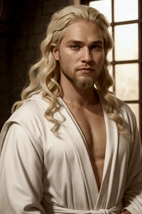 make a targaryen with plantinum blonde hair and a beard, but kinda hippy looking and a white robe