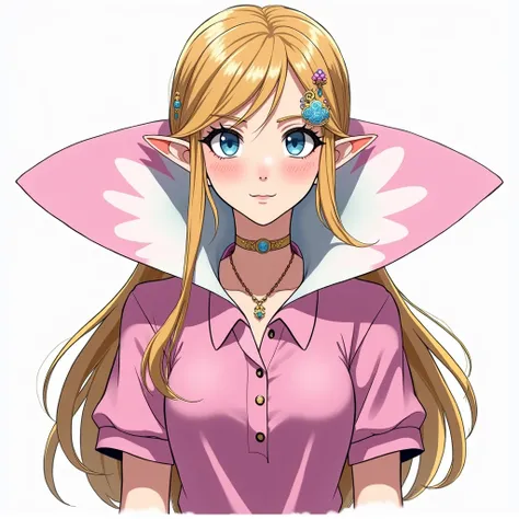 Anime, Princess Zelda wearing a Pink Polo with a Massive Popped Collar Polo thats taller than her head