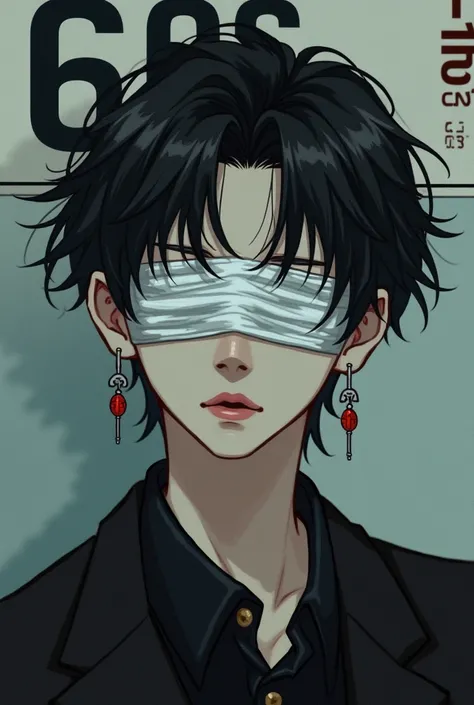 Young male Japanese character with earrings,  a white bandage on the eyes, poster with the words 6Es 