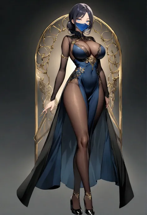 Create a dark blue-haired milf woman,  very detailed light blue eyes ,  her face is covered by a transparent blue mask ,  she wears a dark dress adorned with gold details, dark tights , Dark Shoes,  she has large breasts and medium thighs , A slender body