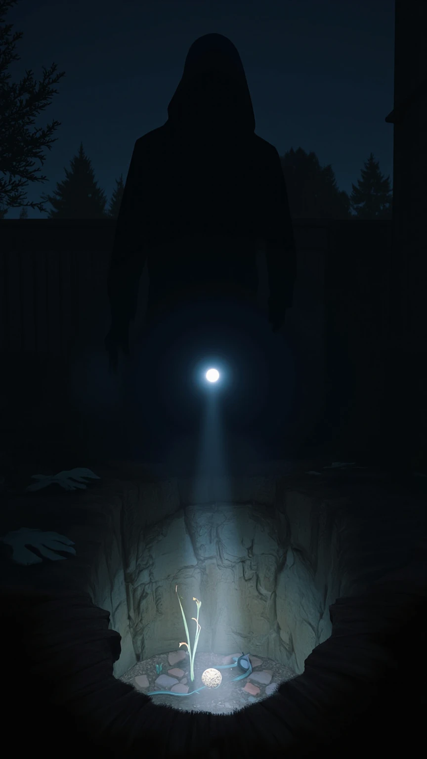  "A backyard scene at night showing a partially dug hole with something covered in dirt, illuminated by a flashlight, while the shadow of a hooded figure looms in the background.",

