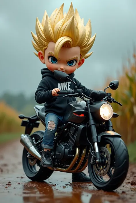 A highly realistic close-up of a handsome anime character Goku Chibi in his Super Saiyan 2 form standing confidently in the rain on a muddy dirt road next to a beautiful black Chibi motorcycle splattered with mud near a farm gate. He has the features of a ...