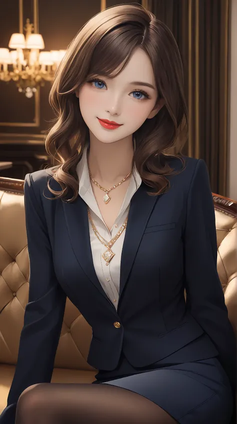  masterpiece,  best quality ,  medium breasts ,   beautiful details , fine texture, fine skin,  very cute girl , Alone,  happy smile  ,Red lips, Blush,  deep blue eyes  , brown hair,  links, side parting, Companion suit , buttoned blazer , pencil skirt,  p...