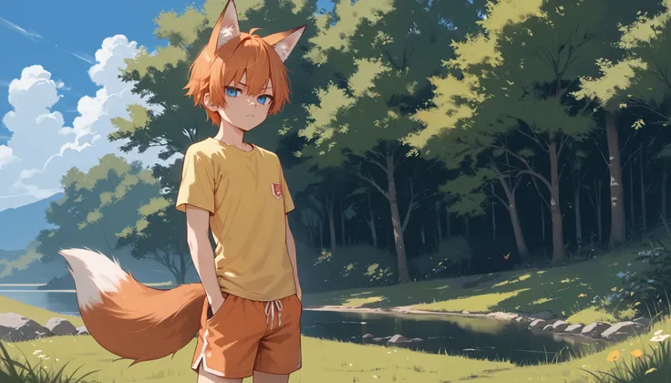 score_9_up, score_8_up, score_7_up, 1boy, solo, source_anime, Beautiful eyes, ((sfw, rating:general)), kemonomimi, , fox ears, fox tail, orange hair, short hair, blue eyes BREAK 

Yellow shirt, short sleeves BREAK orange shorts BREAK 

Closed mouth, bored ...