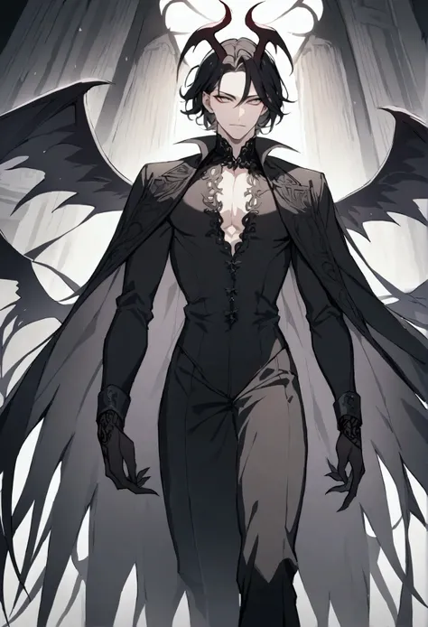 Satan, handsome man, tall body, black hair, white eyes, black wings