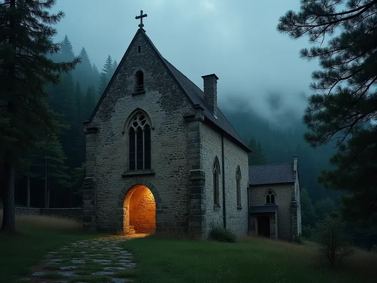 Une ancienne abbaye nichée dans les montagnes françaises, entourée dune forêt dense sous un ciel crépusculaire. Larchitecture médiévale est magnifiquement détaillée, avec des pierres usées par le temps, des vitraux brisés, et une atmosphère de mystère. Une...