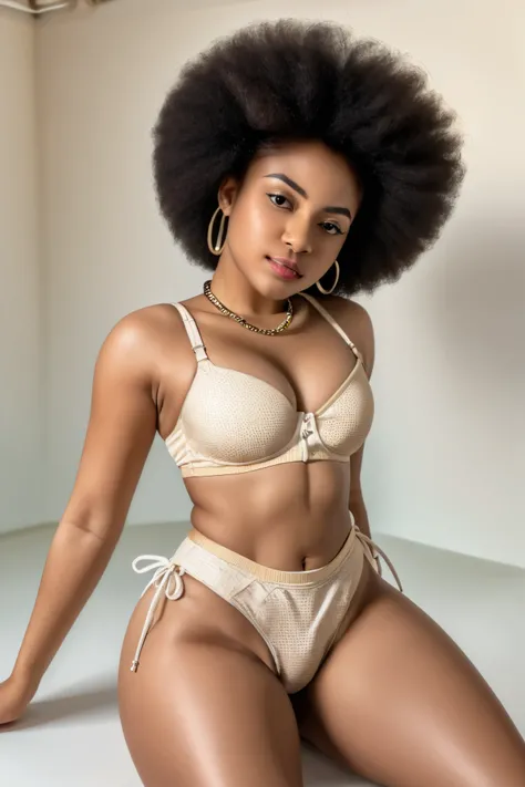 ((A young black woman with light skin and Afro puff, posing in a bra set, pretty rounded buttocks, very tight bikini, appearing relaxed and slightly playful)), photorealistic, 8k, masterpiece, studio lighting, natural lighting, soft lighting, warm tones, s...