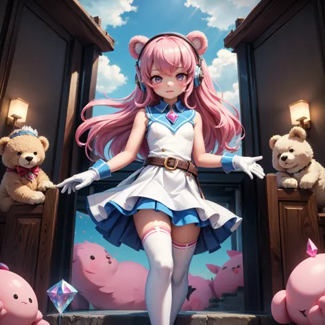 (( top quality)), ((  Masterpiece )), (( 1 girl)), Alone, ferry, (( long hair)), (( knee-high)),  pink hair,  headphones ,  bear shoulder sighted , ((gem)), (( sleeveless)),  white dress,  blue skirt, (( gloves)), Up to the thighs
